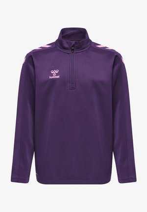 Paars sweatshirt van zacht, sportief materiaal met een halve rits hals. Kenmerkt roze chevronstrepen op de mouwen en een klein logo op de borst.