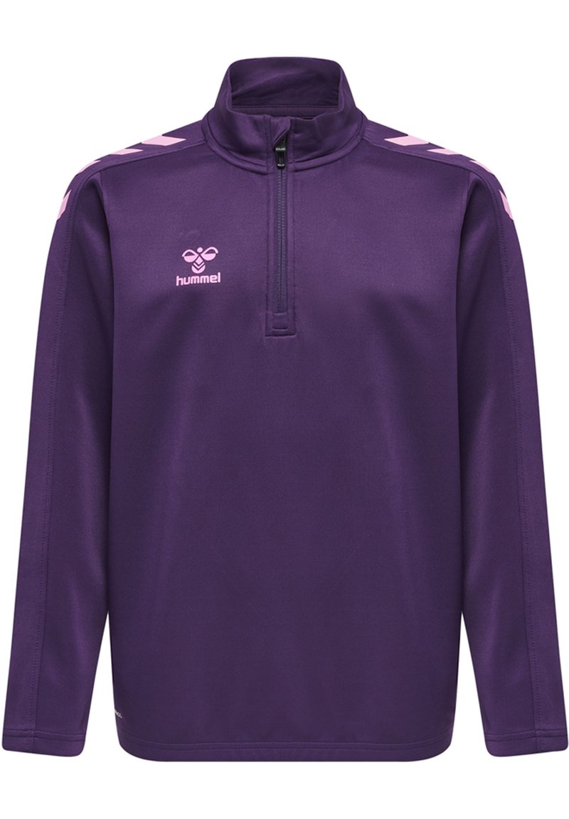 Paars sweatshirt van zacht, sportief materiaal met een halve rits hals. Kenmerkt roze chevronstrepen op de mouwen en een klein logo op de borst.