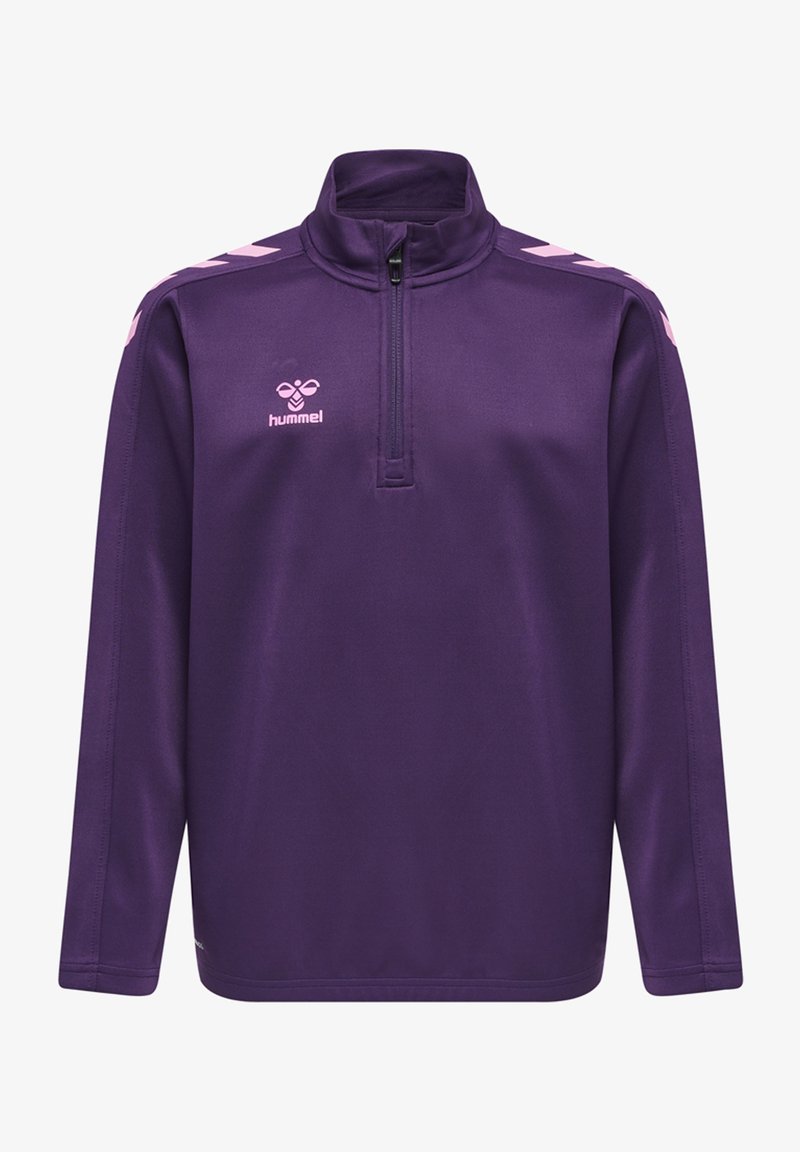 Pullover viola in morbido tessuto sportivo con collo a mezza zip. Presenta strisce a zig zag rosa sulle maniche e un piccolo logo sul petto.