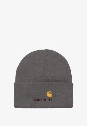 Szara dzianinowa czapka z wywiniętym brzegiem. Posiada wyraźne haftowane logo w złotym i bordowym kolorze. Miękka tekstura, gęsty splot.