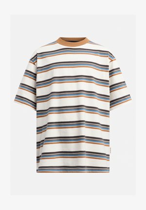 Tricou cu maneci scurte, cu dungi maro, albastru și negru pe un fundal alb; guler rotund din bumbac ribatat de culoare maro; material moale din bumbac.