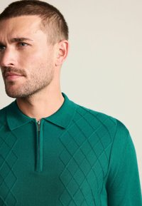 Grünes, gestricktes Poloshirt mit einem Viertel-Reißverschluss, einem strukturierten Diamantmuster auf einer Seite und einem flachen Kragen. Glatte Stoffoberfläche.