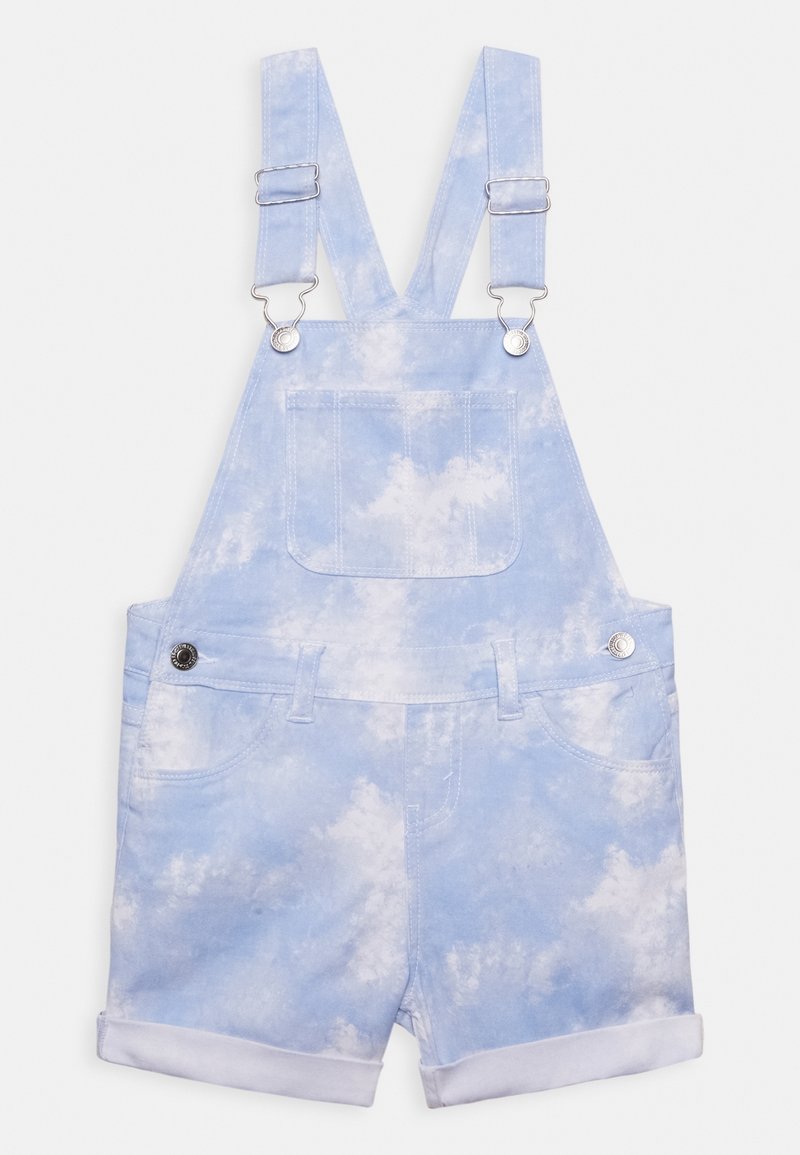 Ljust blå denim overaller med molnmönster, justerbara axelremmar, framficka och uppvikta ärmar. Silverfärgade detaljer ingår.