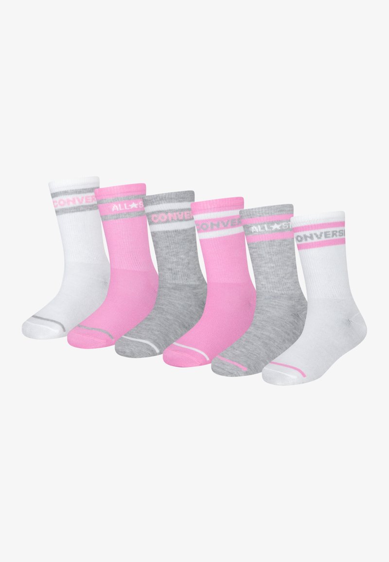 Sei paia di calzini di cotone in bianco, grigio e rosa, con loghi orizzontali "CONVERSE" e accenti colorati a contrasto sulla parte superiore.