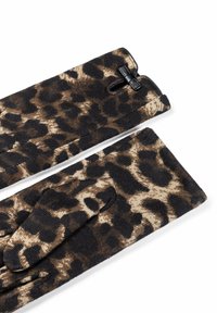 Leopardenmuster-Handschuhe aus strukturiertem Stoff, die eine Mischung aus Schwarz, Braun und Beige mit eleganten schwarzen Akzenten aufweisen.