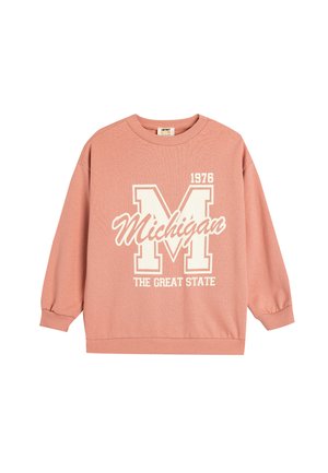 Roze sweatshirt met lange mouwen, ronde hals en geribde manchetten. Bevat de opdruk "Michigan" in het wit, "1976" en graphics van "THE GREAT STATE".