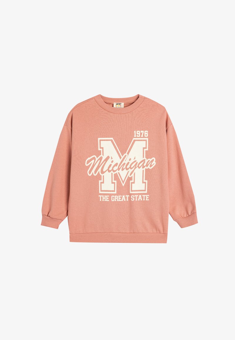 Sudadera rosa de manga larga, con cuello redondo y puños de canalé. Presenta gráficos en blanco que dicen "Michigan", "1976" y "EL GRAN ESTADO".