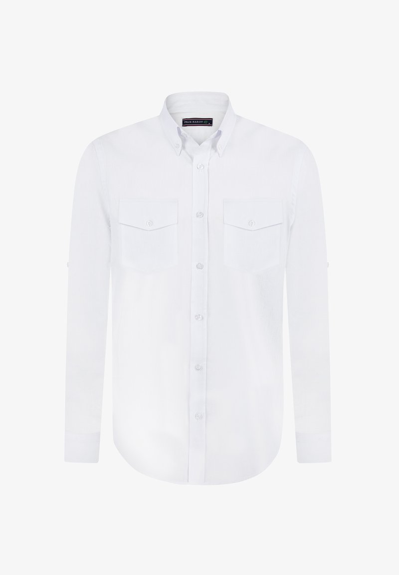 Valge nööbiga särk pika varrukaga, kahe rinnataskuga ja kraega. Valmistatud kergest kangast, millel on peene tekstuur.