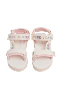 Rosa Sandalen mit zwei verstellbaren Riemen, strukturierter Gummisohle und weißem Grund. "PEPE JEANS" ist in bunten Buchstaben auf den Riemen aufgedruckt.