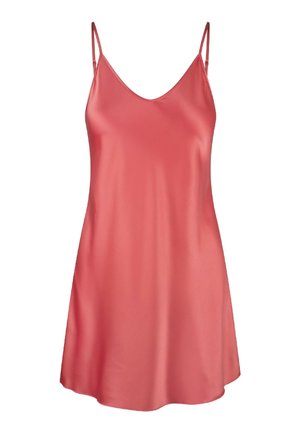Satin glidedragt i koralfarvet, med tynde spaghetti-stropper, V-halsudskæring og en svævende A-formet silhuet med en glat tekstur.