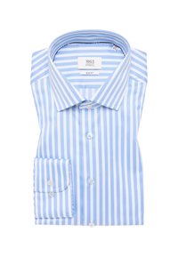 Lichtblauw en wit gestreepte blouse met lange mouwen en slim fit. Heeft een spread collar, knopenlijst aan de voorkant en een enkele knoopmanchet.