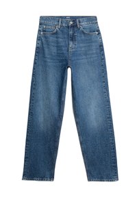 Jeans in denim blu con un design a gamba dritta, caratterizzati da una vita media, leggera scoloritura e dettagli di cucitura minimalisti.