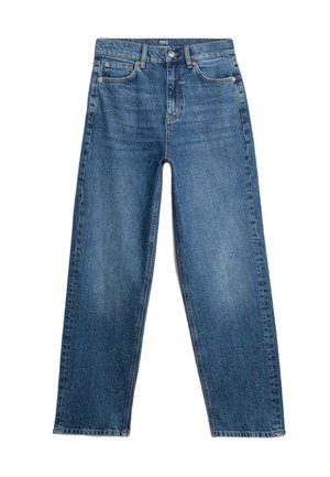 Blå denimjeans med rak ben-design, som har en midjehöjd av medelhöjd, subtila blekningar och minimalistiska sömnadsdetaljer.