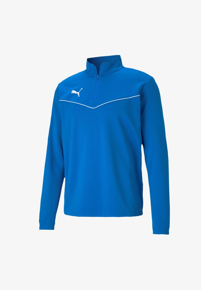 Blauer Pullover-Jacke aus leichtem Stoff. Mit einem kurzen Reißverschlusskragen, weißen Paspeln und einem Logo im linken Brustbereich. Lange Ärmel.