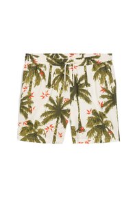 Shorts de bain pour hommes en tissu blanc avec un motif de palmiers verts et de feuilles orange. Dotés d'une taille élastique avec cordon de serrage.
