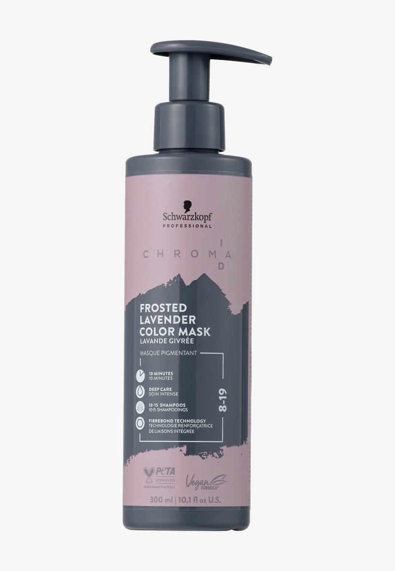 Frosted Lavender-färgad mask i en 300 ml pumpflaska, med en lavendeltinted matt yta och mörkgrå detaljer med produktinformation i vitt.