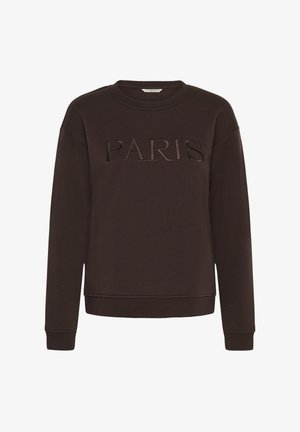 Donkerbruin sweatshirt met lange mouwen en ronde hals, met "PARIS" geborduurd over de borst in bijpassende draad.