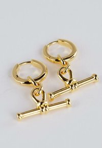 Pair of shiny gold hoop earrings with horizontal bar-shaped pendants attached by small loops on a white surface.
