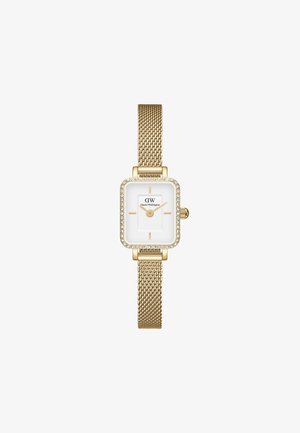 Kuldne võrgusilmaga kell, millel on ristkülikukujuline korpus, valge kellagu, kullatud märgid ja kristallaktsendid kroonide ümber. Bränd: Daniel Wellington.