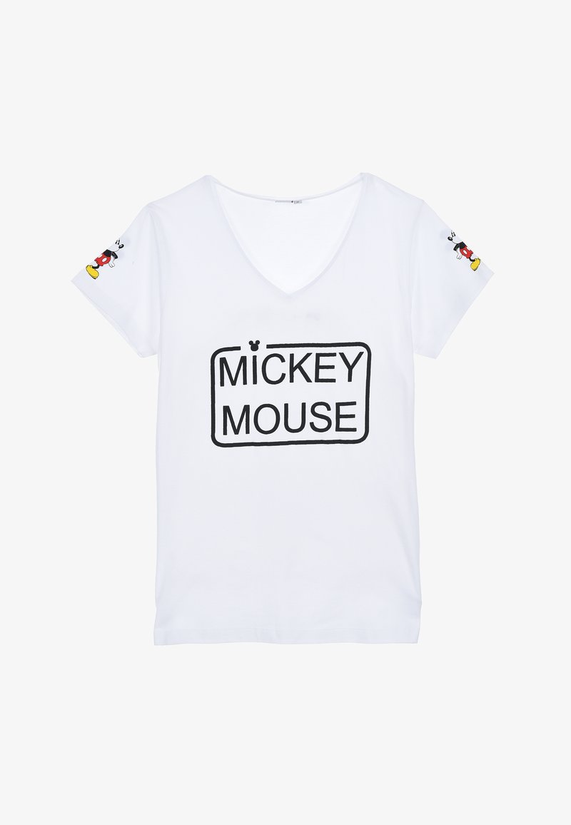 T-shirt bianca in cotone con scollatura a V. Presenta una grande stampa nera con la scritta "MICKEY MOUSE" all'interno di una cornice rettangolare e piccoli grafismi di Topolino sulle maniche.