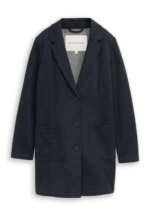 Dark navy blue women's blazer with three front buttons, two patch pockets, notch lapel collar, and long sleeves.