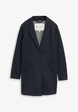 Dark navy blue women's blazer with three front buttons, two patch pockets, notch lapel collar, and long sleeves.