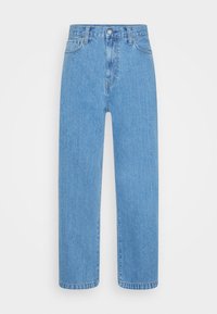 Vaaleansiniset suorat farkut korkealla vyötäröllä, viisi taskua, vyölenkit ja nappisulku. Suora pinta ja klassinen muotoilu.