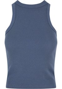 Crop top sans manches, côtelé, bleu foncé, avec un col rond haut et une silhouette ajustée.