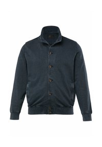 Navy blue jacket made of textured fabric, featuring a high collar, long sleeves, button closure, and side pockets.
