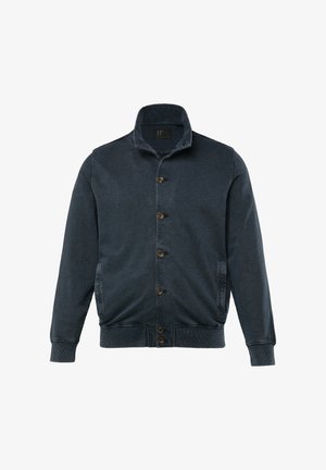 Marineblaue Jacke aus strukturiertem Stoff, mit hohem Kragen, langen Ärmeln, Knopfverschluss und seitlichen Taschen.