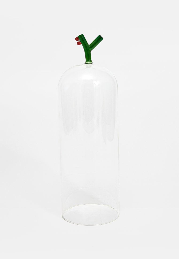 Przezroczysta szklana kopuła z zielonym, Y-kształtnym uchwytem i czerwonymi akcentami. Gładka powierzchnia, cylindryczny kształt i otwarta podstawa do celów ekspozycyjnych.