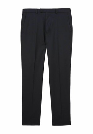 Fekete alkalmi nadrág övbujtatókkal, első zsebekkel és egyenes szárú szabással fehér háttéren.