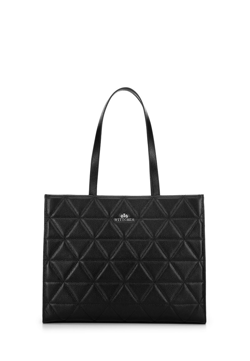 Borsa tote nera in pelle texturizzata, con un motivo geometrico a diamante, due manici e un accento in logo argentato.