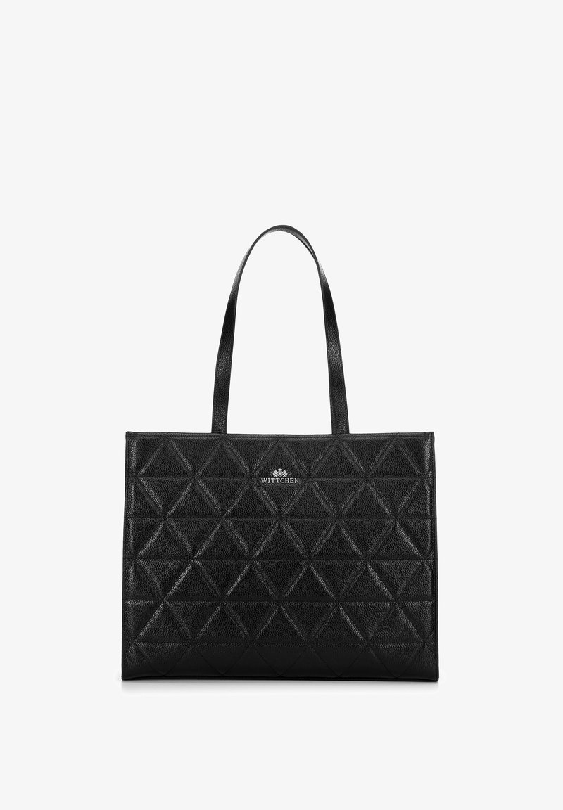 Borsa tote nera in pelle texturizzata, con un motivo geometrico a diamante, due manici e un accento in logo argentato.