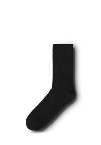 Juoda medvilninė kojinė su lygiu paviršiumi, sustiprinta koja ir ribotu viršumi, sukurta patogiam dėvėjimui.