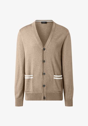 Beige svetr na knoflíky s výstřihem do V, dvě přední kapsy s bílými dvojitými pruhy a žebrovanými manžetami a lemem.