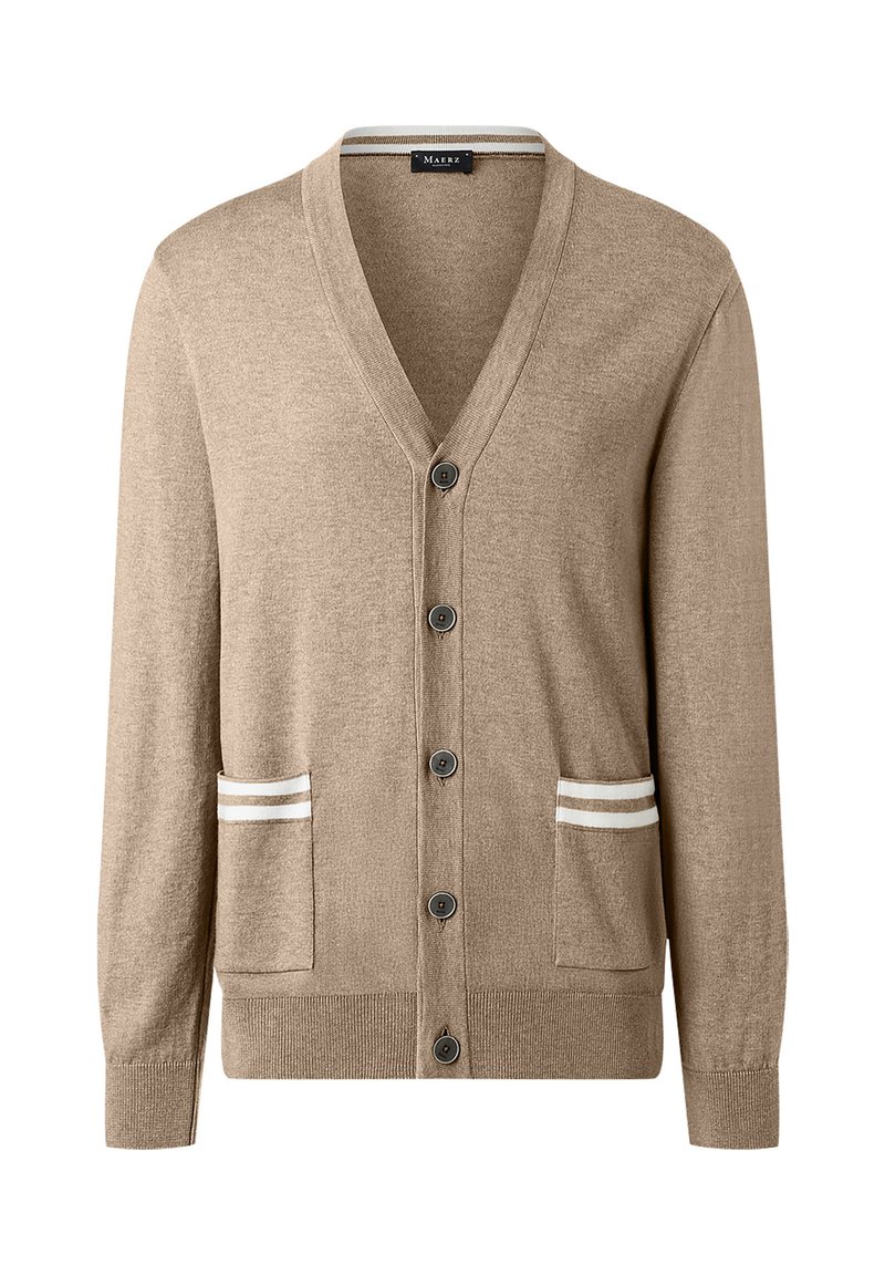 Beżowy kardigan zapinany na guziki z dekoltem w kształcie litery V, z dwiema przednimi kieszeniami ozdobionymi białymi podwójnymi paskami oraz żebrowanymi mankietami i hemem.
