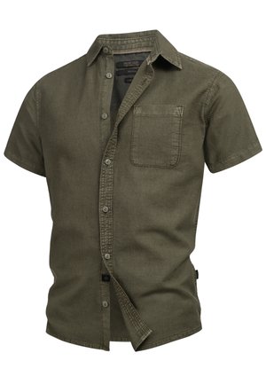 Kortærmet skjorte med knapper i olivengrøn, lavet af blødt stof, med en brystlomme og en let buet kant.