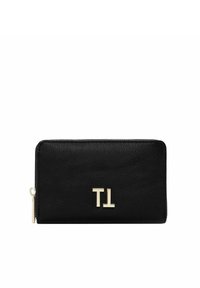 Black leather wallet with gold-tone "TL" logo on the front, zippered closure, smooth texture, and rectangular shape.