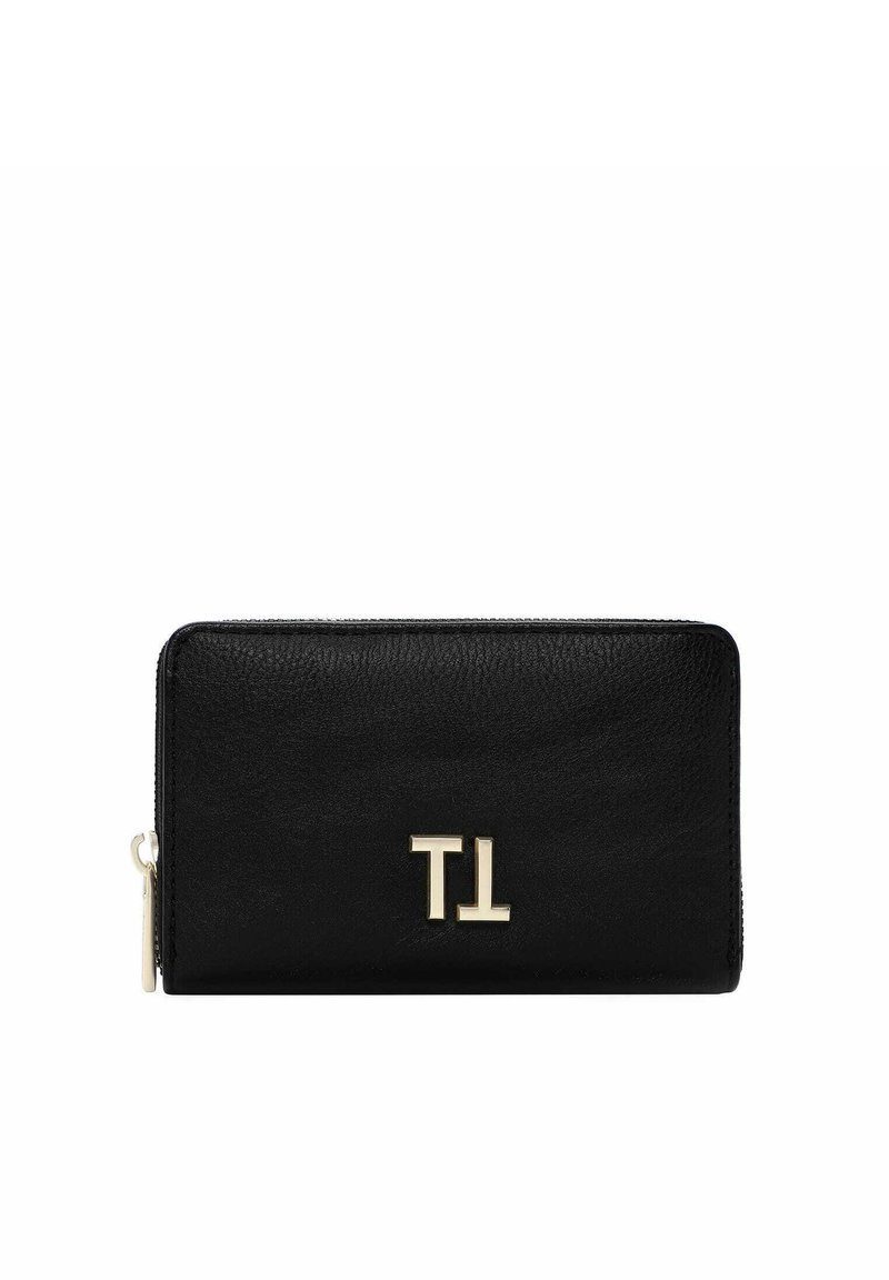 Black leather wallet with gold-tone "TL" logo on the front, zippered closure, smooth texture, and rectangular shape.