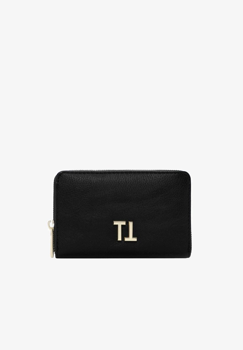 Black leather wallet with gold-tone "TL" logo on the front, zippered closure, smooth texture, and rectangular shape.