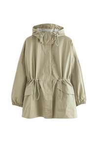 Veste à capuche beige clair avec fermeture éclair devant, cordons à la capuche et à la taille, poignets élastiques et deux poches à rabat.