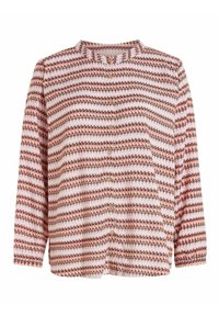 Camicia con bottoni realizzata in tessuto leggero, caratterizzata da un motivo a zigzag rosa e rosso, con colletto alla cinese e maniche lunghe.