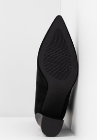 Semelle d'une chaussure noire à bout pointu avec un motif de grip texturé au talon et à l'avant, inclinée contre un coin blanc en arrière-plan.