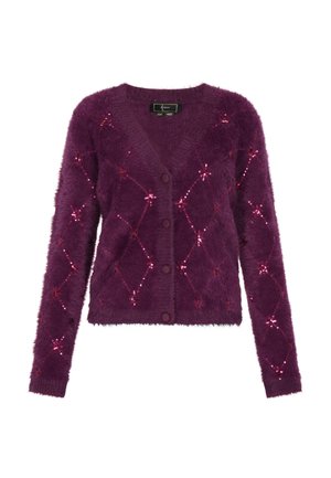 Cardigan mov cu blăniță, având un model în diamant împodobit cu paiete, închidere cu nasturi în față și mâneci lungi.