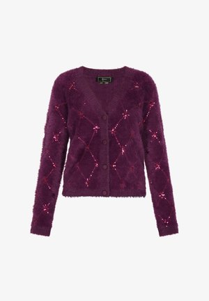 Purple fuzzy cardigan featuring a diamond pattern embellished with sequins, front button closure, and long sleeves.