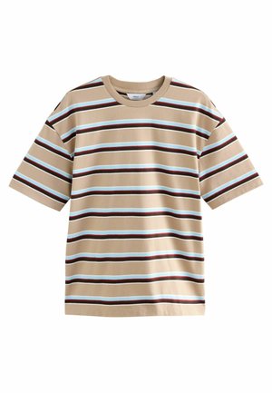 Beige T-Shirt mit horizontalen Streifen in Braun, Hellblau und Creme. Hat einen runden Halsausschnitt und kurze Ärmel, gefertigt aus weichem Baumwollstoff.