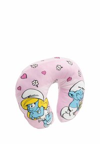 Cuscino per il collo a forma di U, rivestito in morbido tessuto rosa con personaggi dei Puffi, fiori e cuori stampati sopra.
