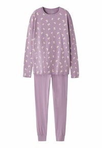 Lila komplekt pižame, ki vključuje dolgosleeve zgornji del z kremnim tiskanjem metuljev in ujemajoče se hlače. Narejeno iz mehke, raztegljive tkanine z prilagojenimi manšetami.