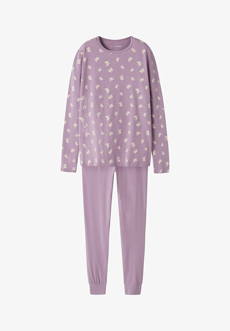 Set pidžame u ljubicastoj boji koji se sastoji od dugih rukava majice s kremastim uzorkom leptira i odgovarajućih hlača. Izrađen od mekog, elastičnog materijala s uskim manžetama.